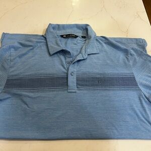 Travis Mathew Men's Golf Polo Shirt Blue Striped L Collared Button Embroidered